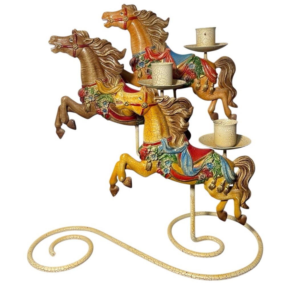 Antique Style 3 Horse Carousel 3 Candlestick Holder Scroll Metal Stand Detailed!